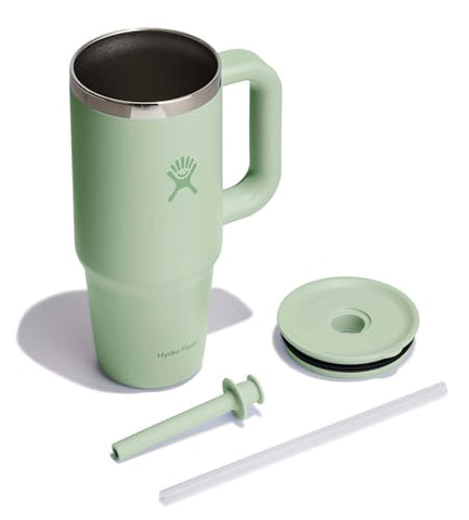 Hydro Flask Travel Tumbler Aloe Green with straw for convenient sipping anywhere.