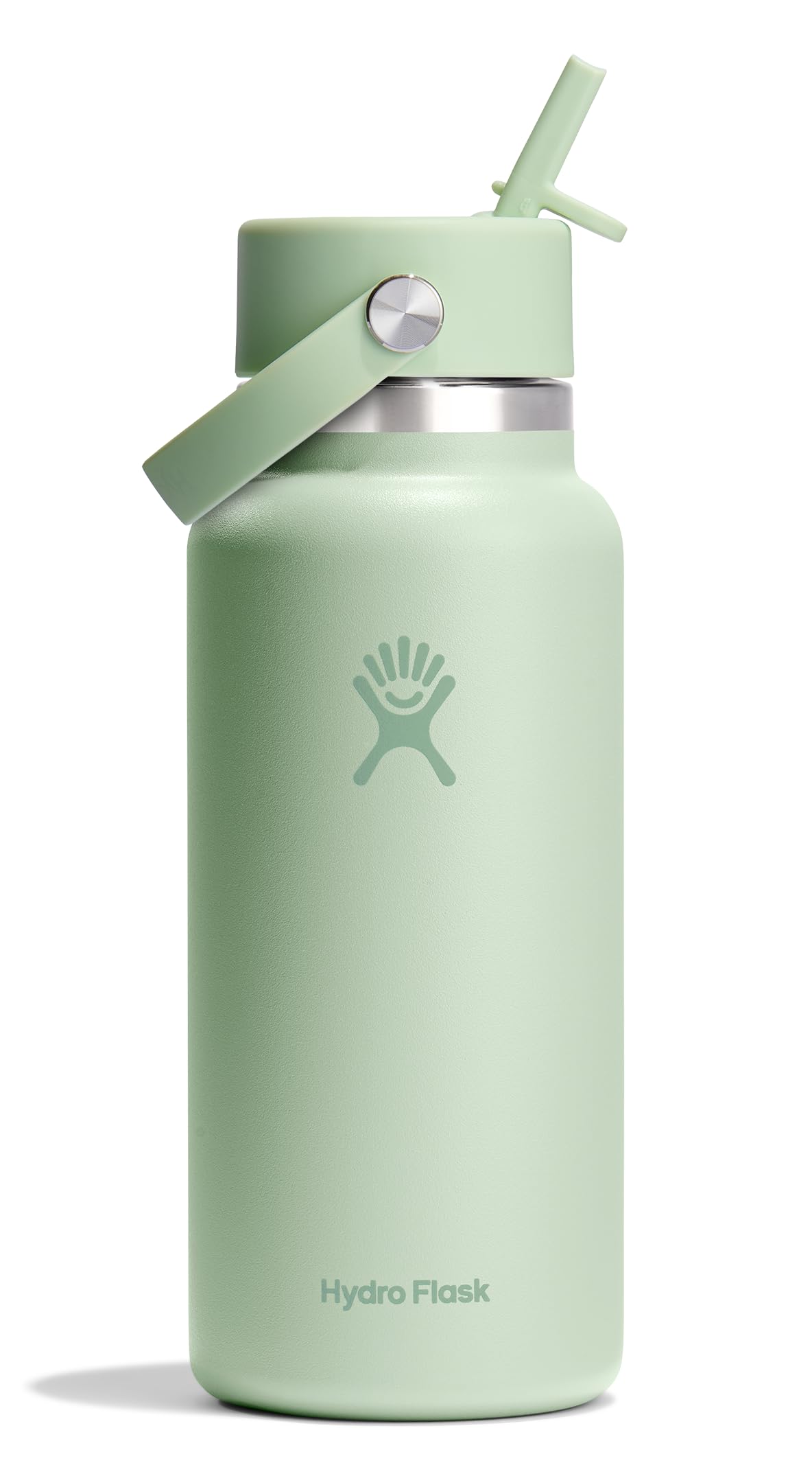 Hydro Flask wide mouth Aloe Green bottle with leakproof cap for spill-free hydration.