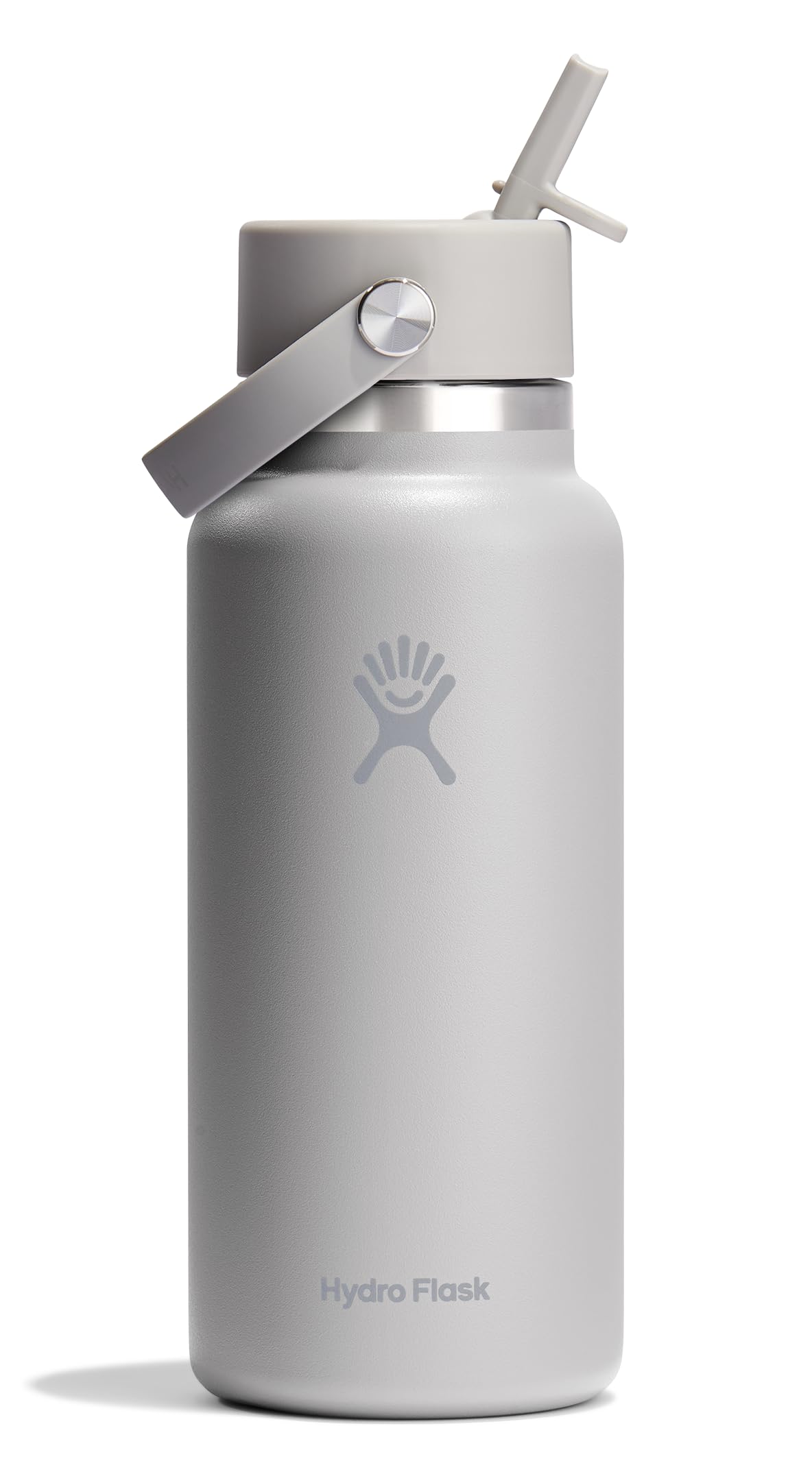 Hydro Flask wide mouth bottle with flex straw cap for easy sipping on the go.