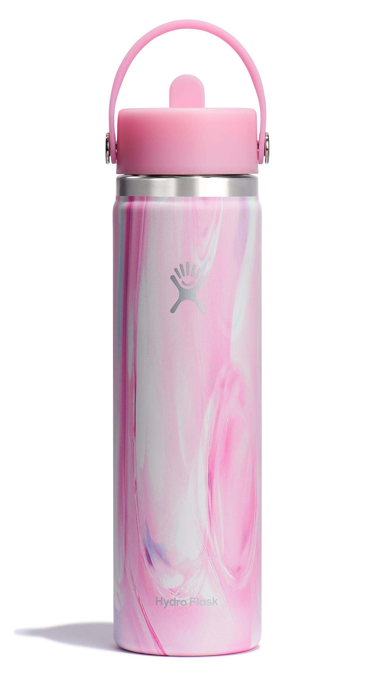 Hydro Flask jelly pink 24oz wide-mouth bottle with flexible handle for one-handed hydration.