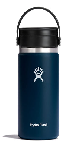 Hydro Flask Wide Mouth Indigo Blue 16 oz bottle ready for hot drinks on the go