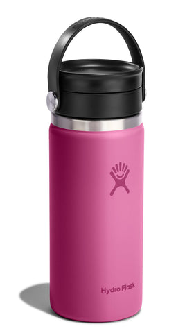 Hydro Flask wide mouth insulated bottle in reef pink fits cupholders and preserves beverage temperature.