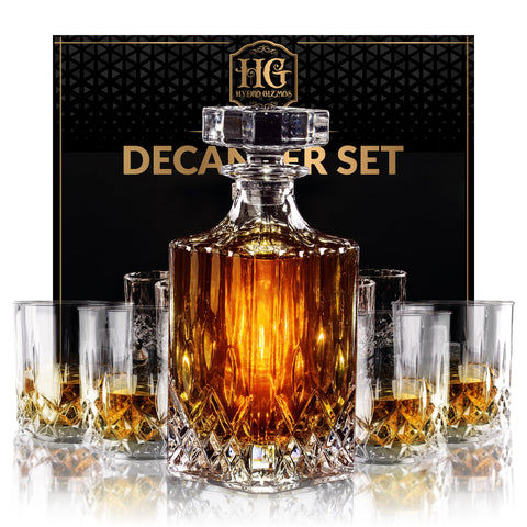 Hydro Gizmos whiskey decanter set pour scene for entertaining guests.