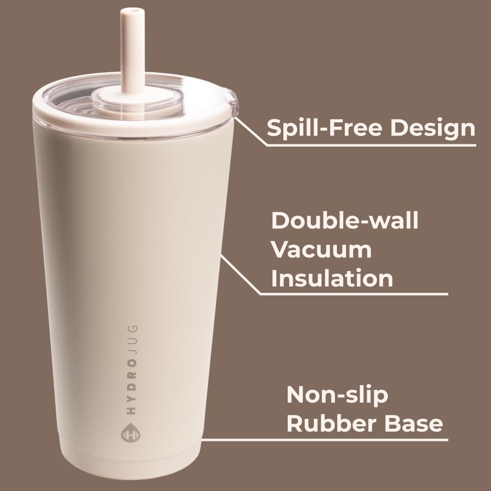 HydroJug double-wall vacuum insulation keeps drinks hot or cold longer.