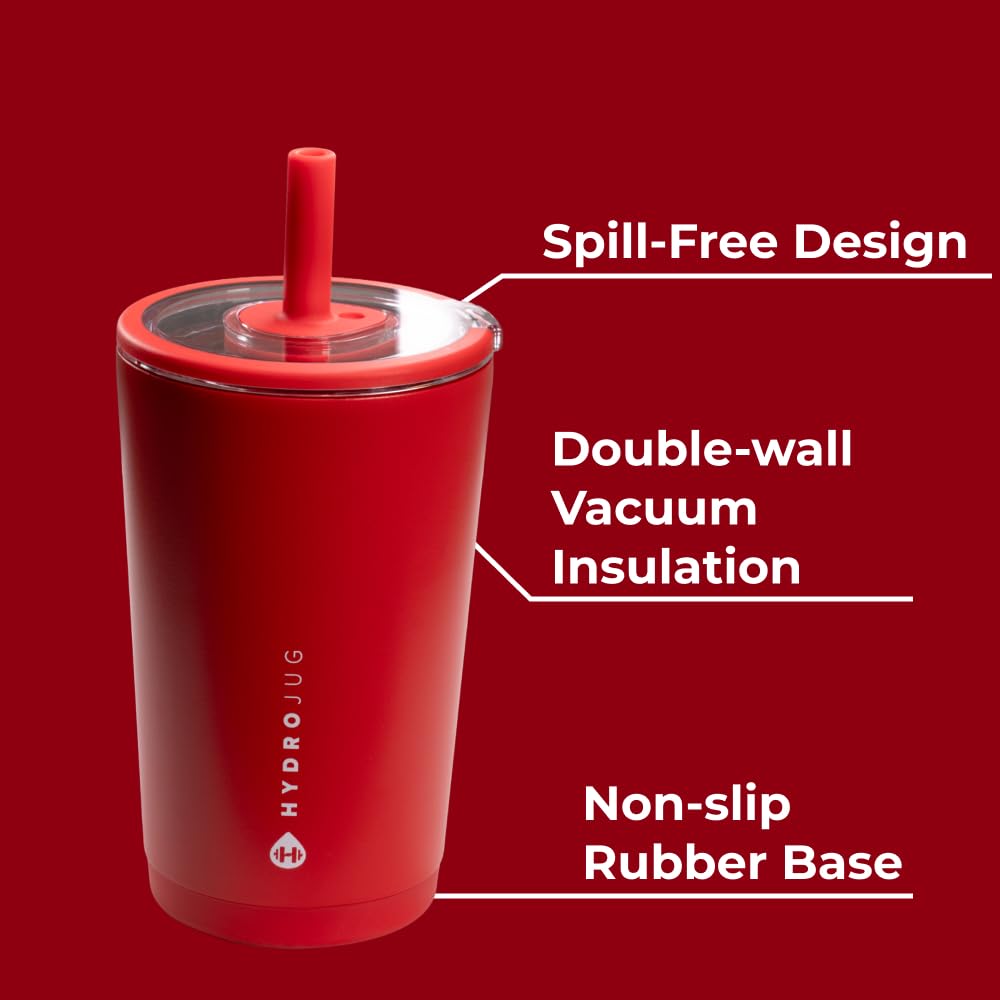 HydroJug Everyday Tumbler Alumni Red straw and soft-touch lid ease sipping during commutes