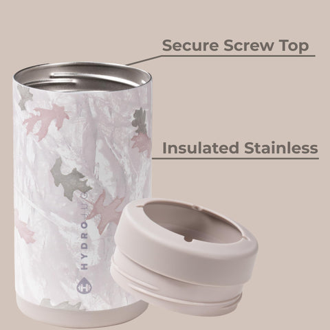 HydroJug insulated 16oz can cooler in camo finish, protects hands from cold metal.