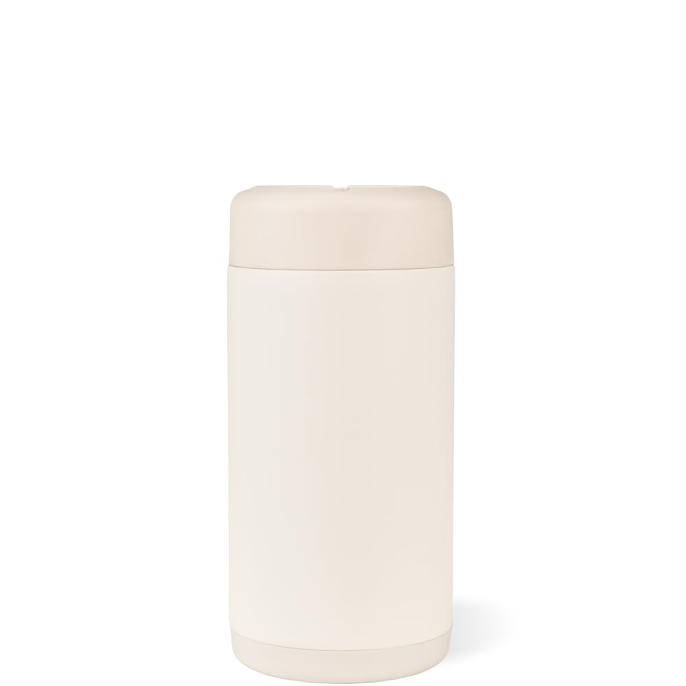 HydroJug Slim Can Cooler Cream, lid secured, spill-resistant for travel and outdoor use.