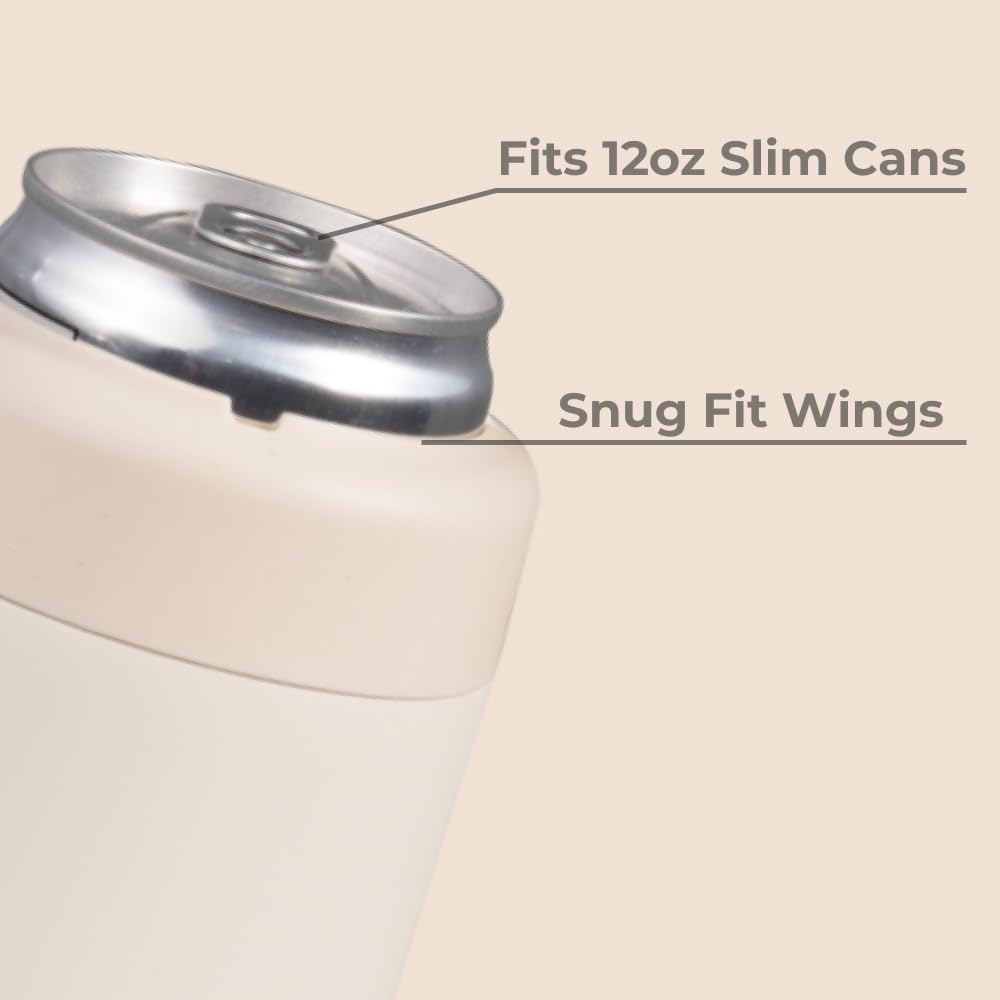 HydroJug Slim Can Cooler Cream, on table, fits car cup holders for easy transport.