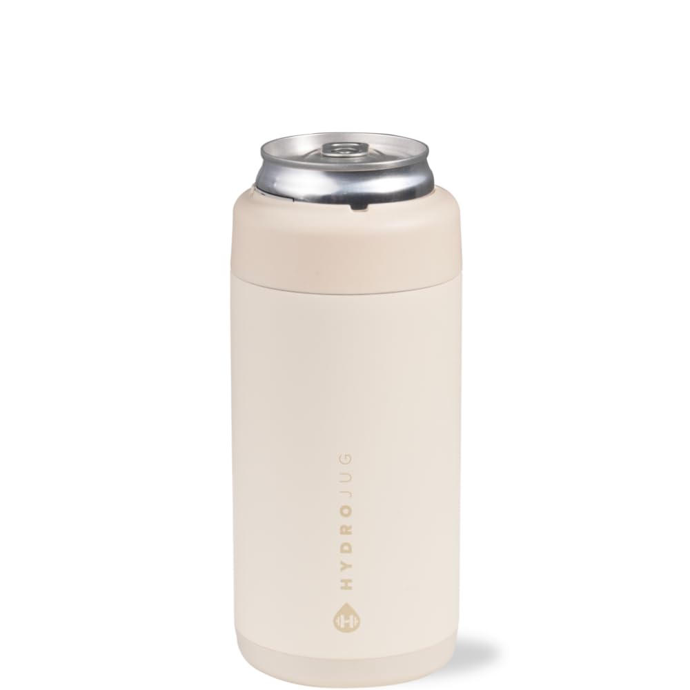 HydroJug Slim Can Cooler Cream, side view, keeps 12 oz cans cold with condensation-free grip.