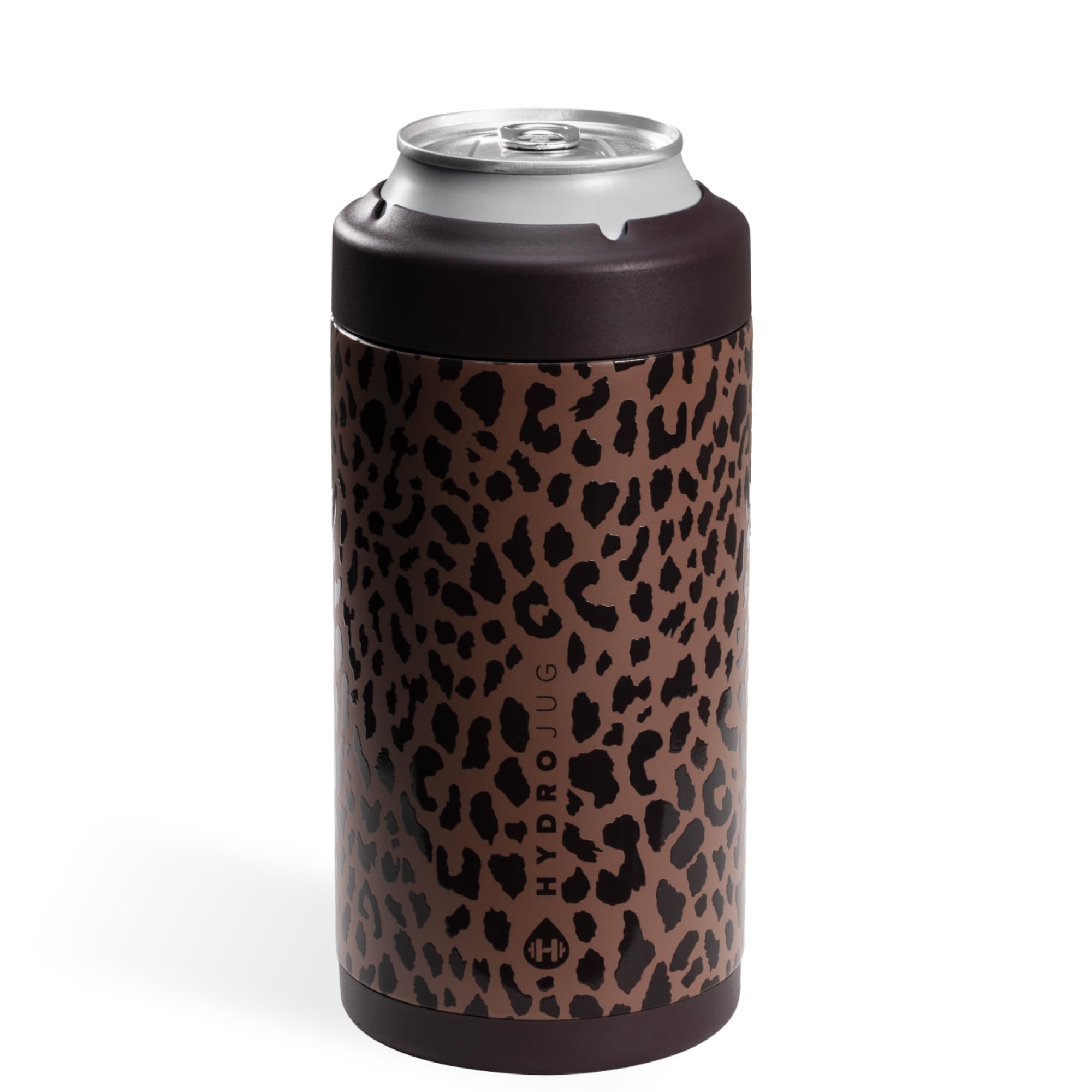 HydroJug brown leopard can cooler image highlights 16 oz insulation for cold drinks on the go