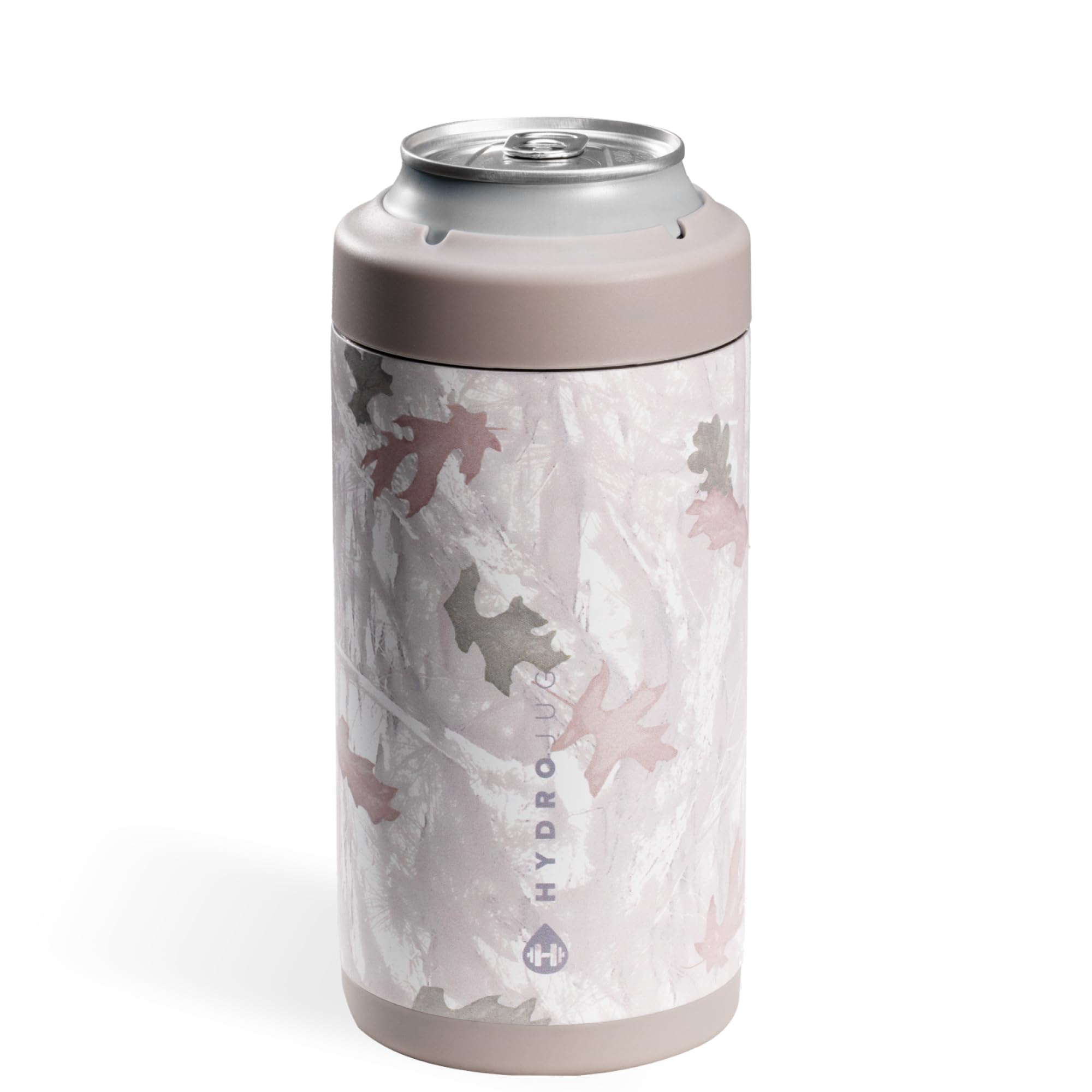 HydroJug standard can cooler in camo, outer view, keeps 16 oz cans cold and condensation-free.