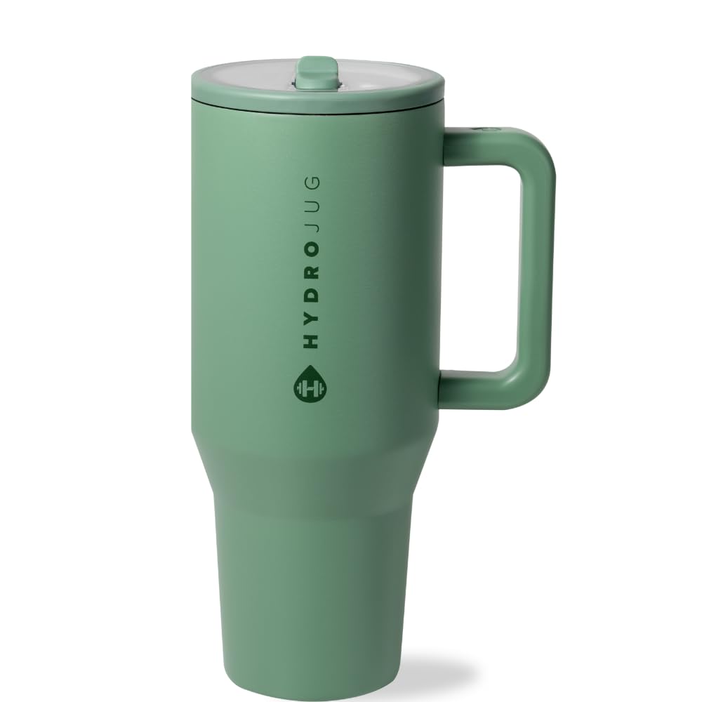 HydroJug Traveler Sage with handle for easy one-handed drinking on the go.