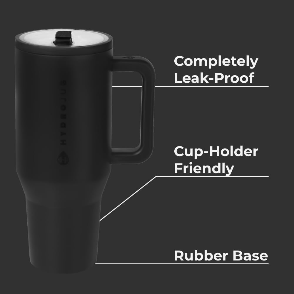 HydroJug Traveler lid-flip showing ambidextrous design for one-handed use