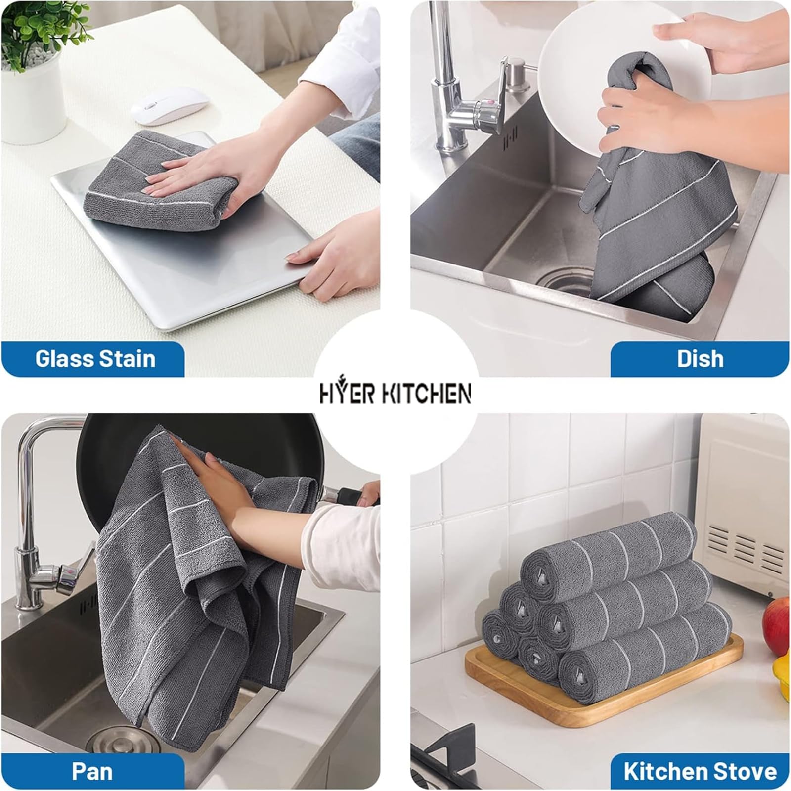 Eight-pack HYER KITCHEN towels provide versatile kitchen solutions.