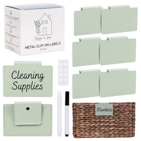 Hygge & Sage metal clip-on labels on a woven basket for tidy labeling.