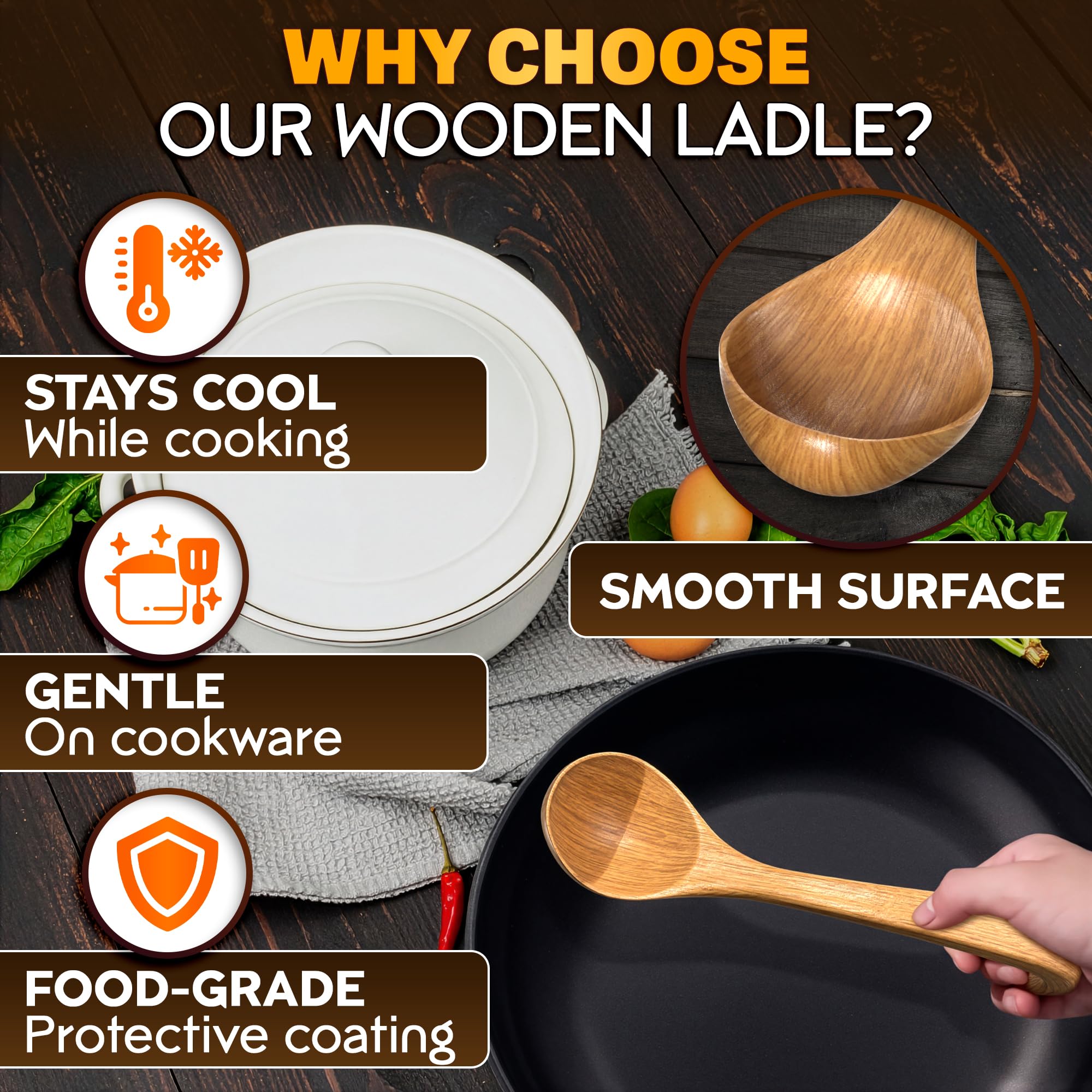 HYQO wooden ladle with hook handle for convenient hanging