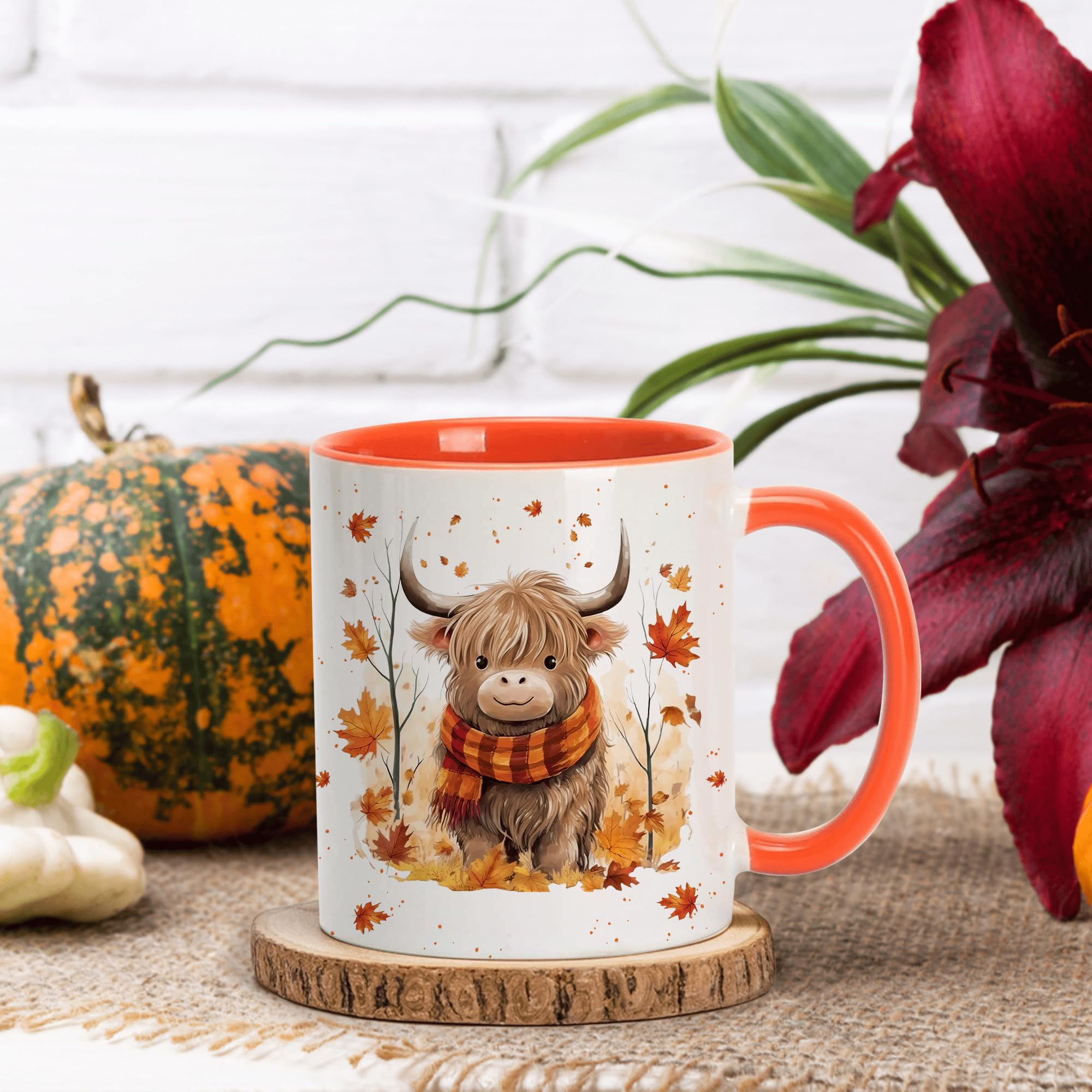 Hyturtle Fall Highland Cow mug back view showing vibrant autumn colors.
