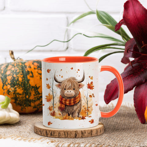 Hyturtle Fall Highland Cow mug back view showing vibrant autumn colors.