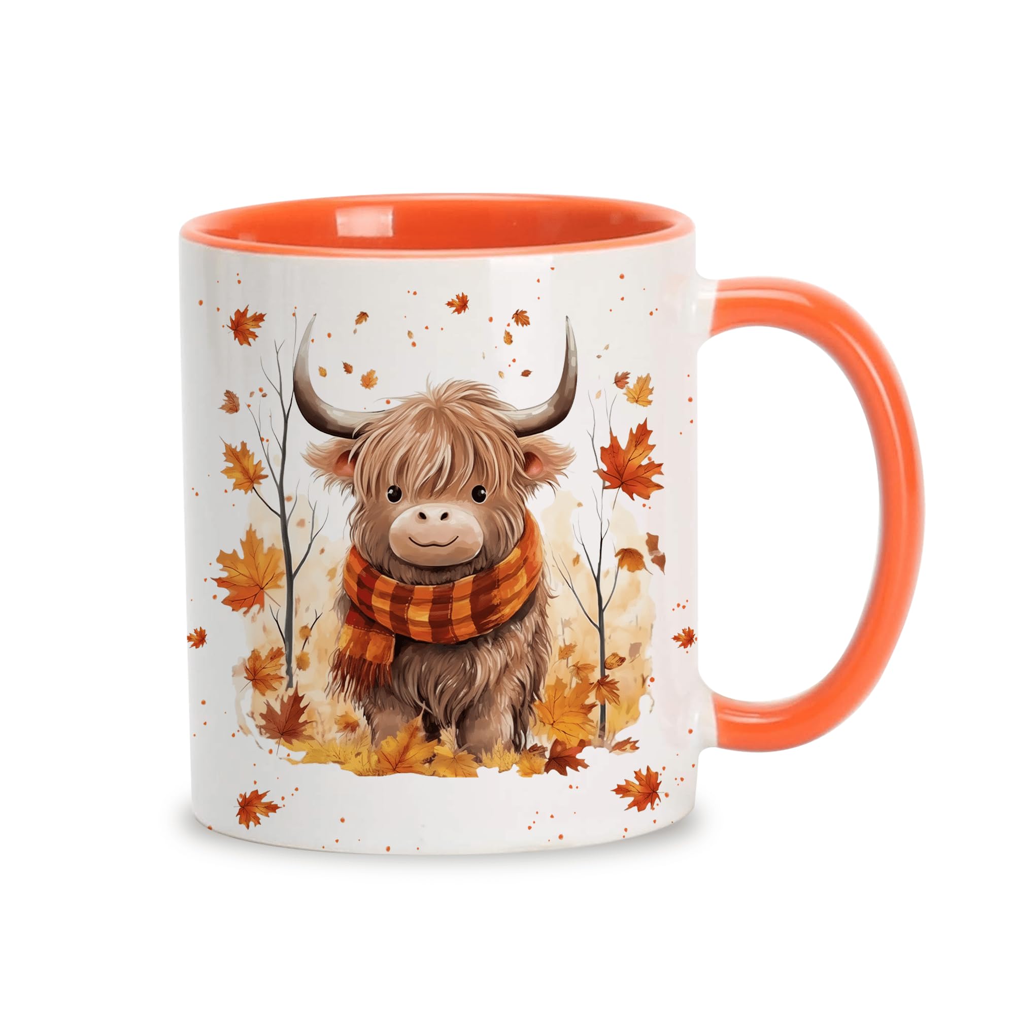 Hyturtle Fall Highland Cow mug front view with autumn leaves and scarf, ideal for daily use.
