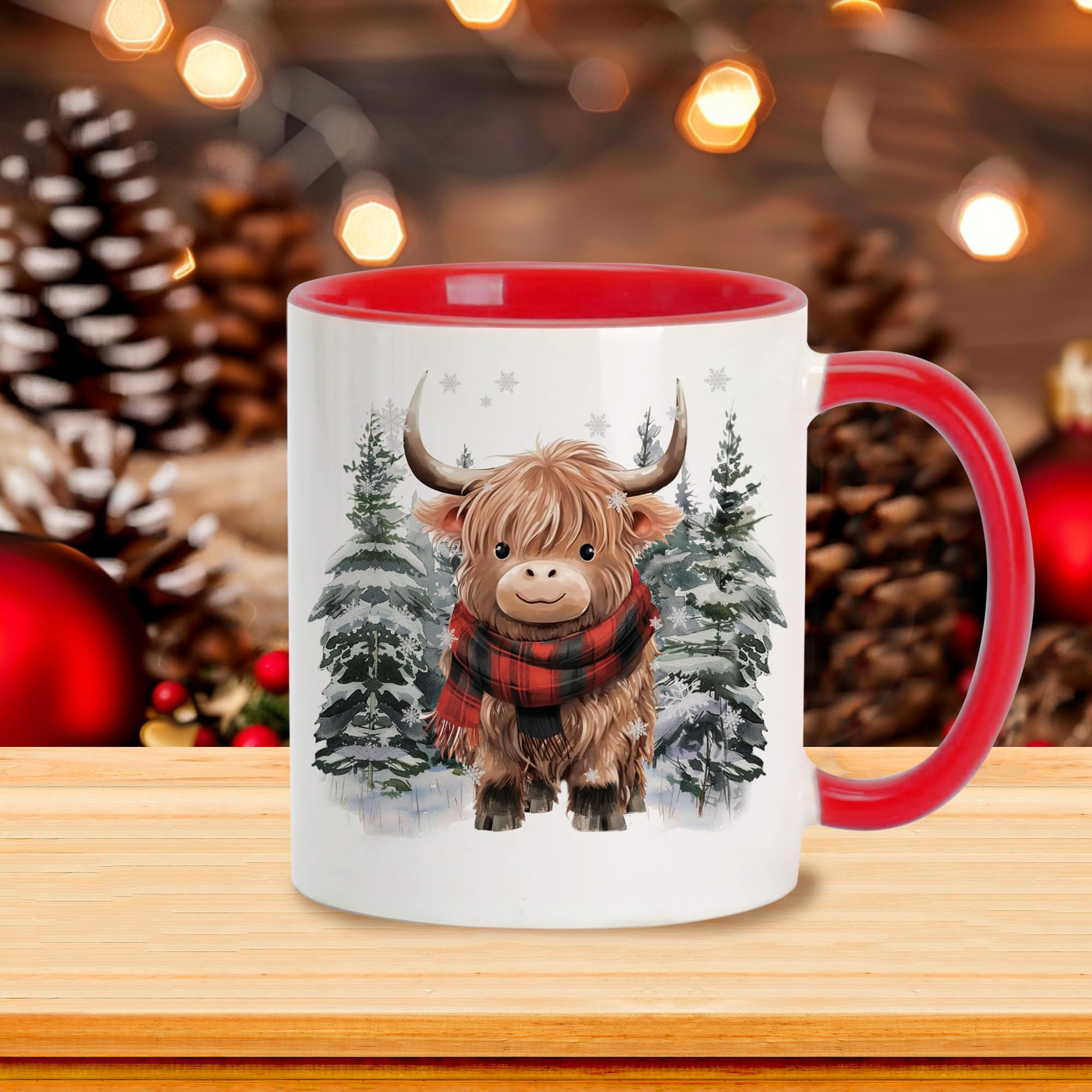 Hyturtle Winter Highland Cow mug back view showing full wrap design