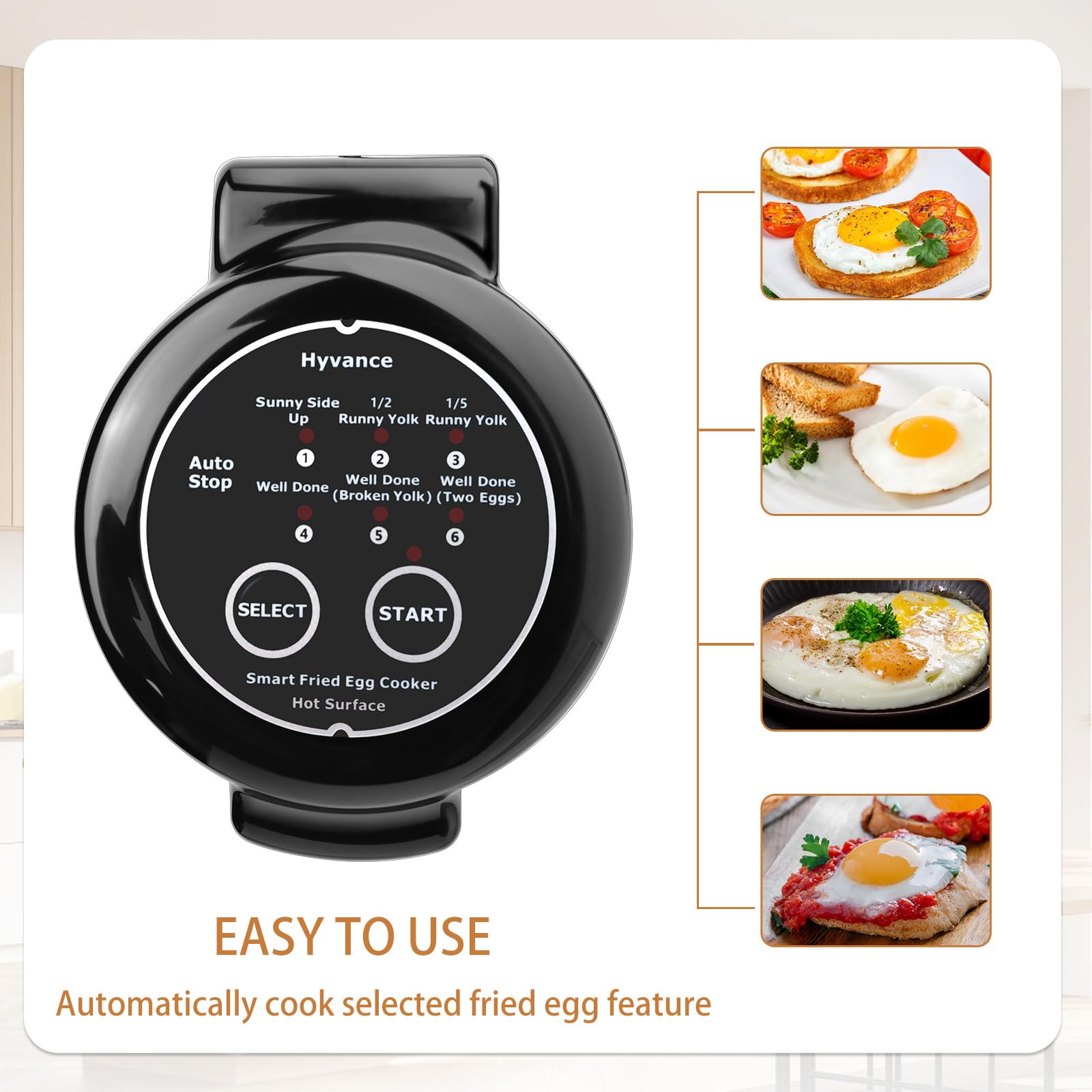 Hyvance Smart Fried Egg Cooker over-easy mode ensures runny yolk with even cooking.