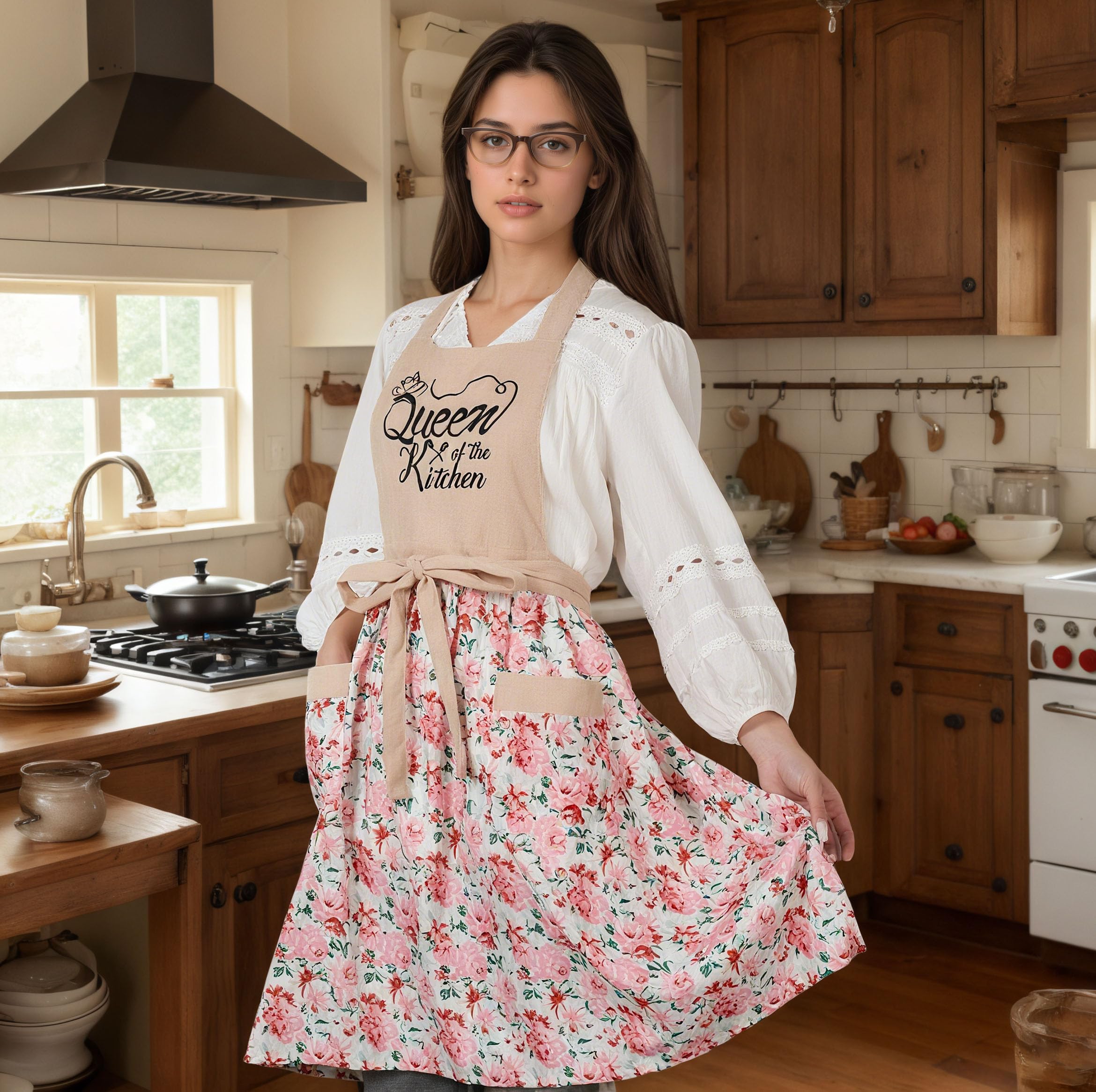 HYVOROS Pink floral pattern apron adds style while protecting clothing.