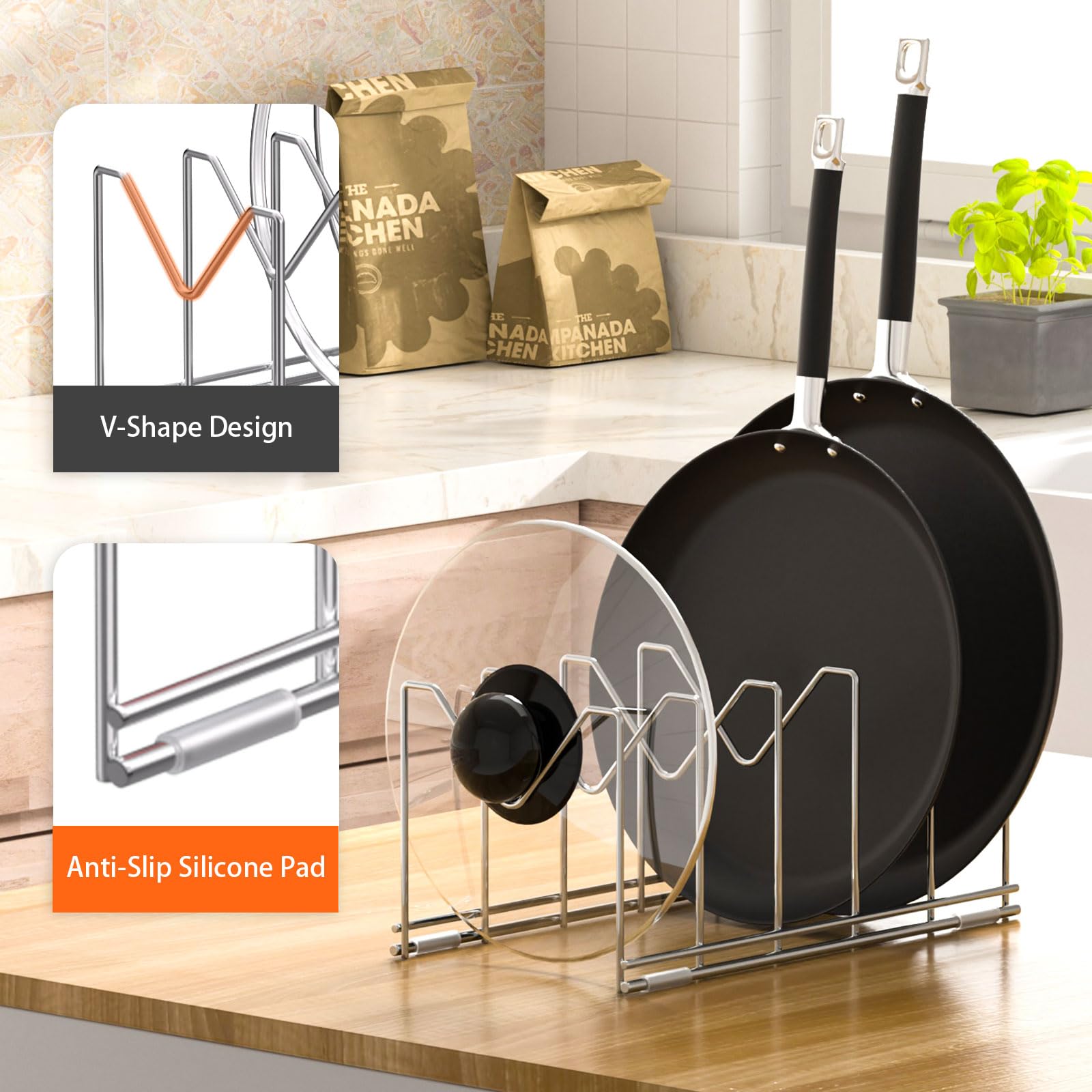 HzTinT pot lid holder with anti-slip pad prevents sliding on countertops.