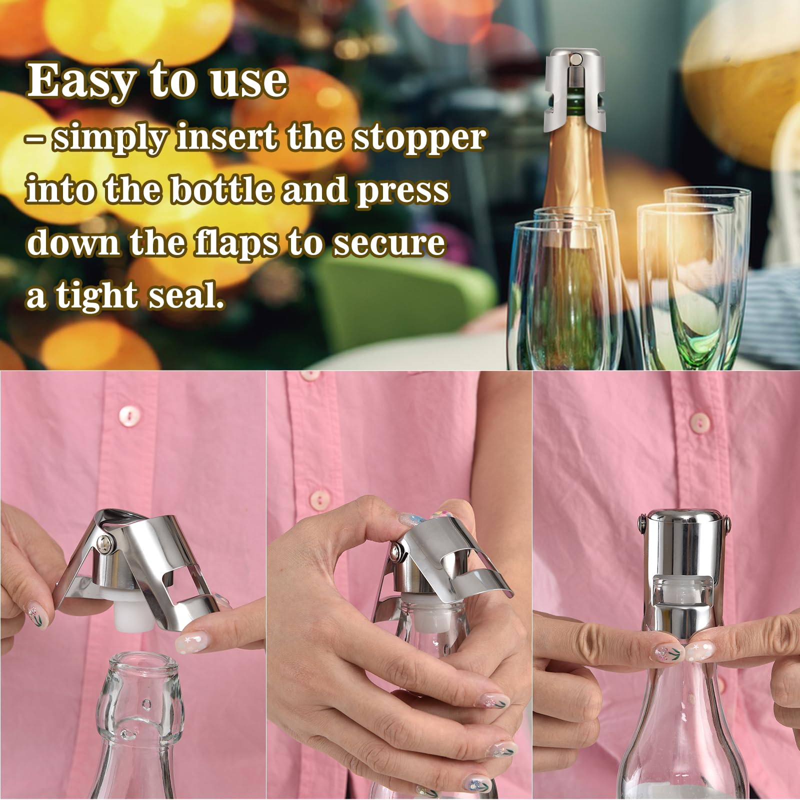I-MART sparkling wine bottle stopper in chrome finish preserves bubbles.