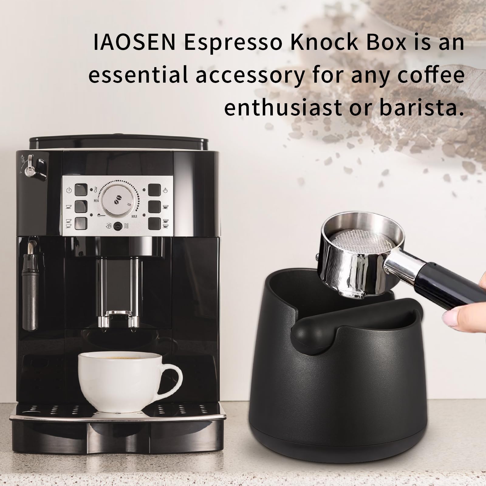 IAOSEN knock box positioned under an espresso machine for convenience.