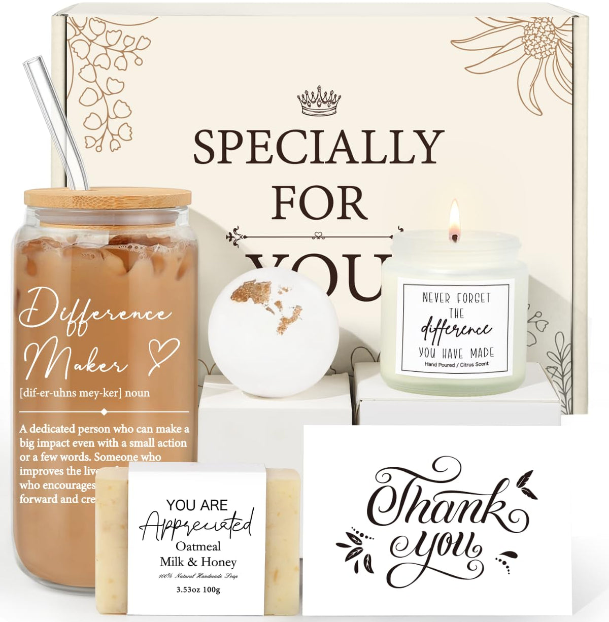 IAOVUEBY Difference Maker glass 16oz shown with gift items, ideal for daily appreciation