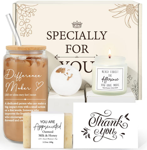 IAOVUEBY Difference Maker glass 16oz shown with gift items, ideal for daily appreciation