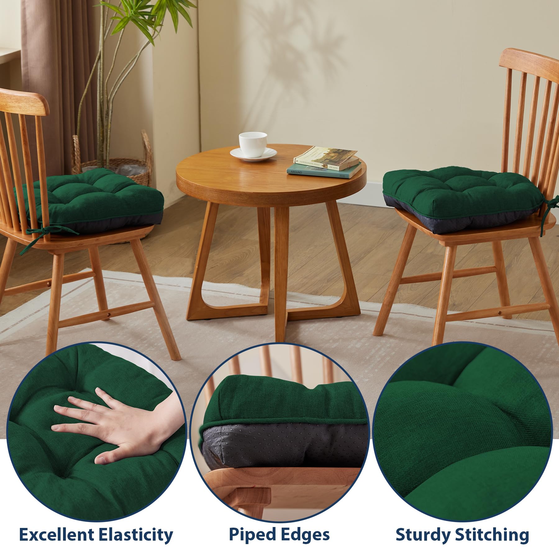 IASEAHK cushion size 15.5 by 15.5 inches fits standard chairs.
