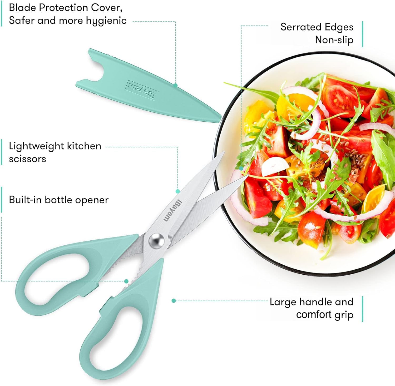 iBayam All Purpose Kitchen Shears in aqua sky for easy food prep.
