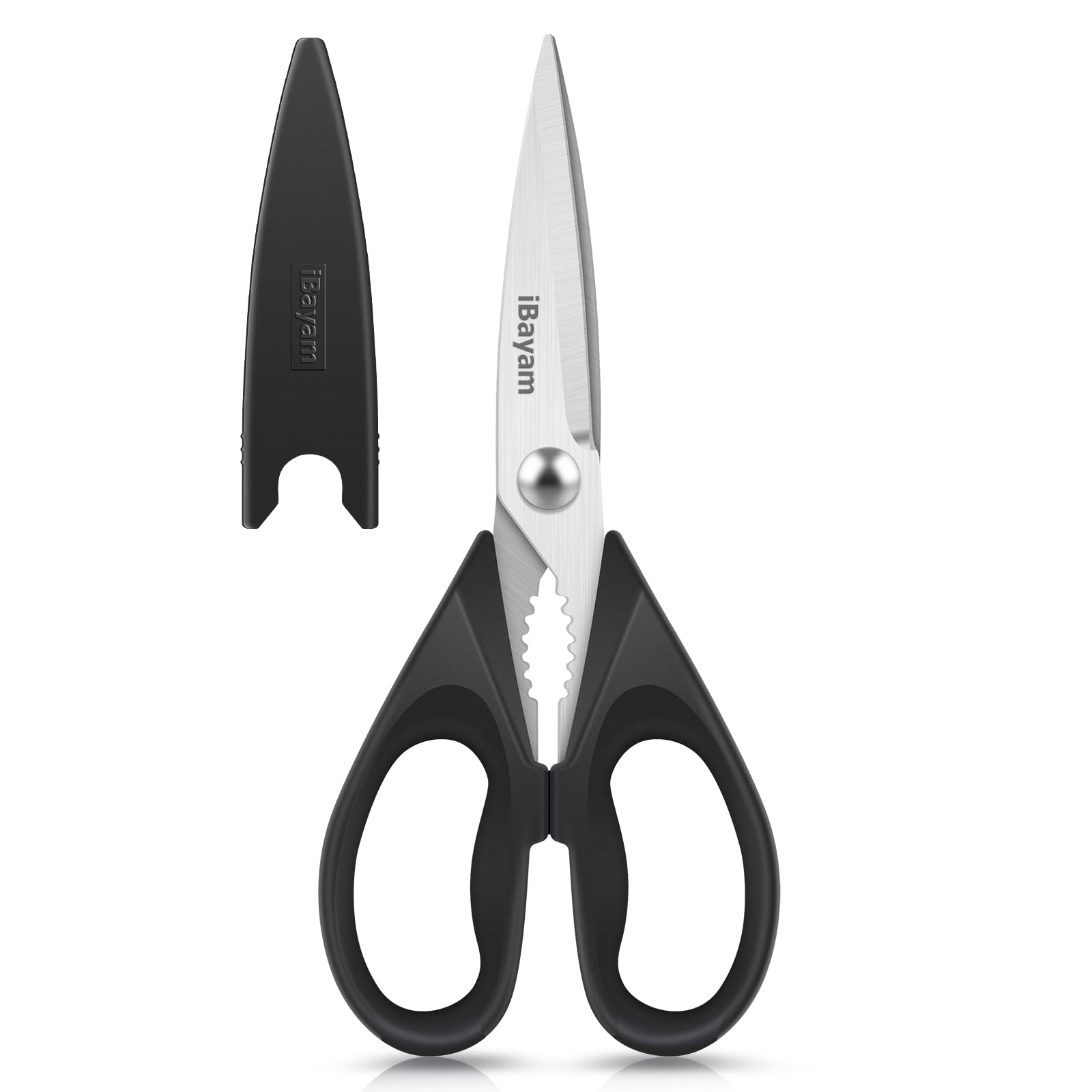 iBayam all purpose kitchen shears with protective sheath for safe storage and quick access.