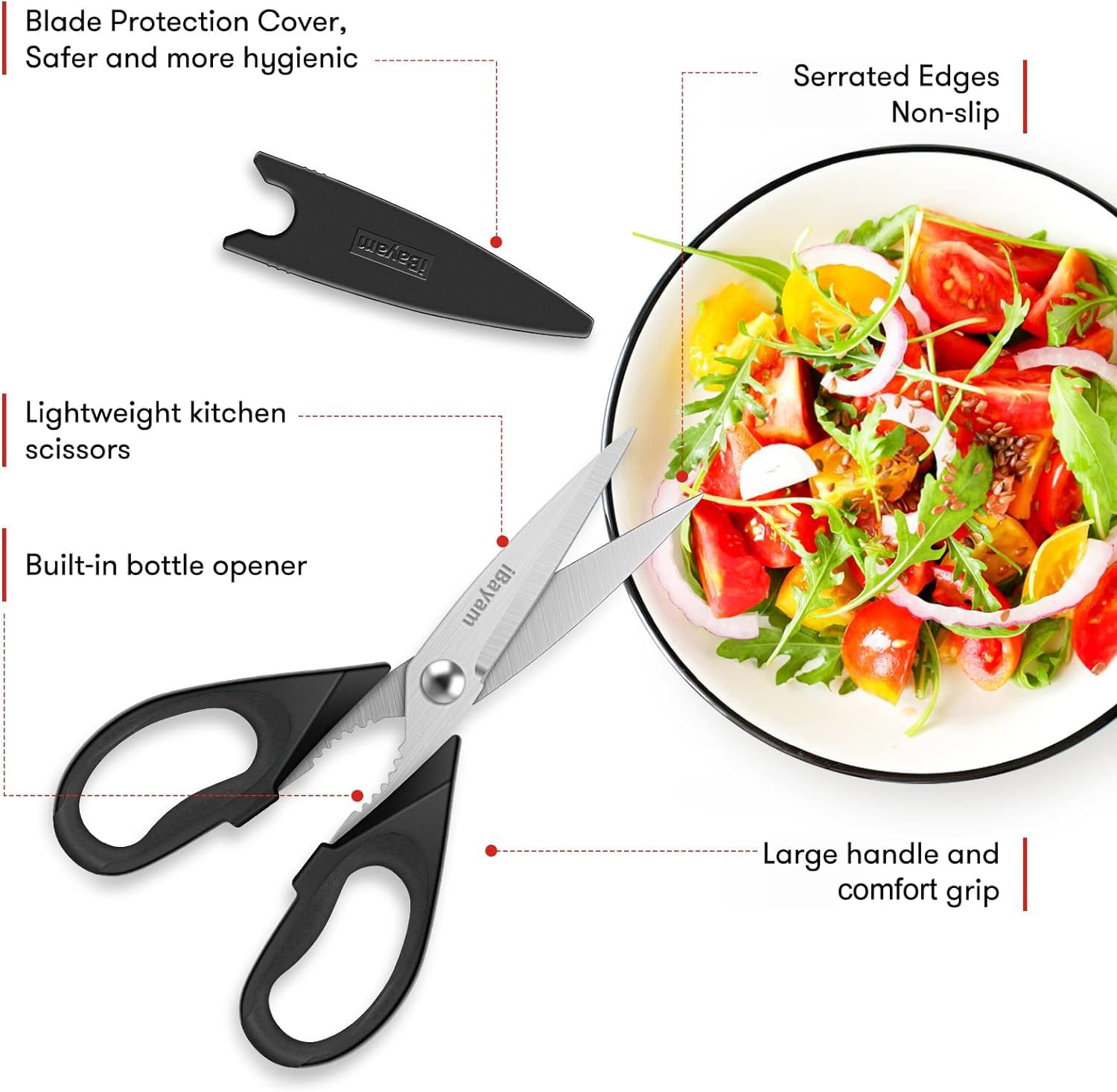 iBayam kitchen scissors ergonomic comfort handle for easy control.