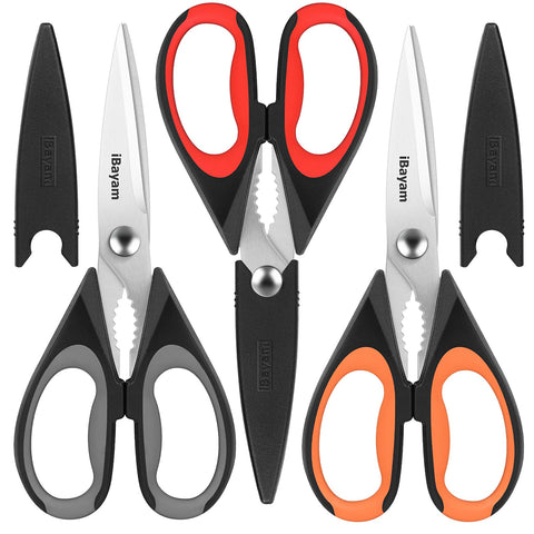 iBayam 3-Pack kitchen scissors blades open for versatile cutting tasks in busy kitchens