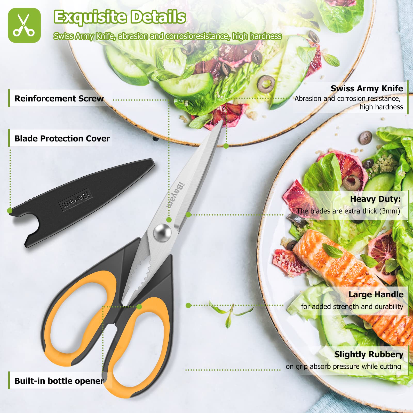 iBayam ergonomic handle on kitchen scissors for comfortable grip