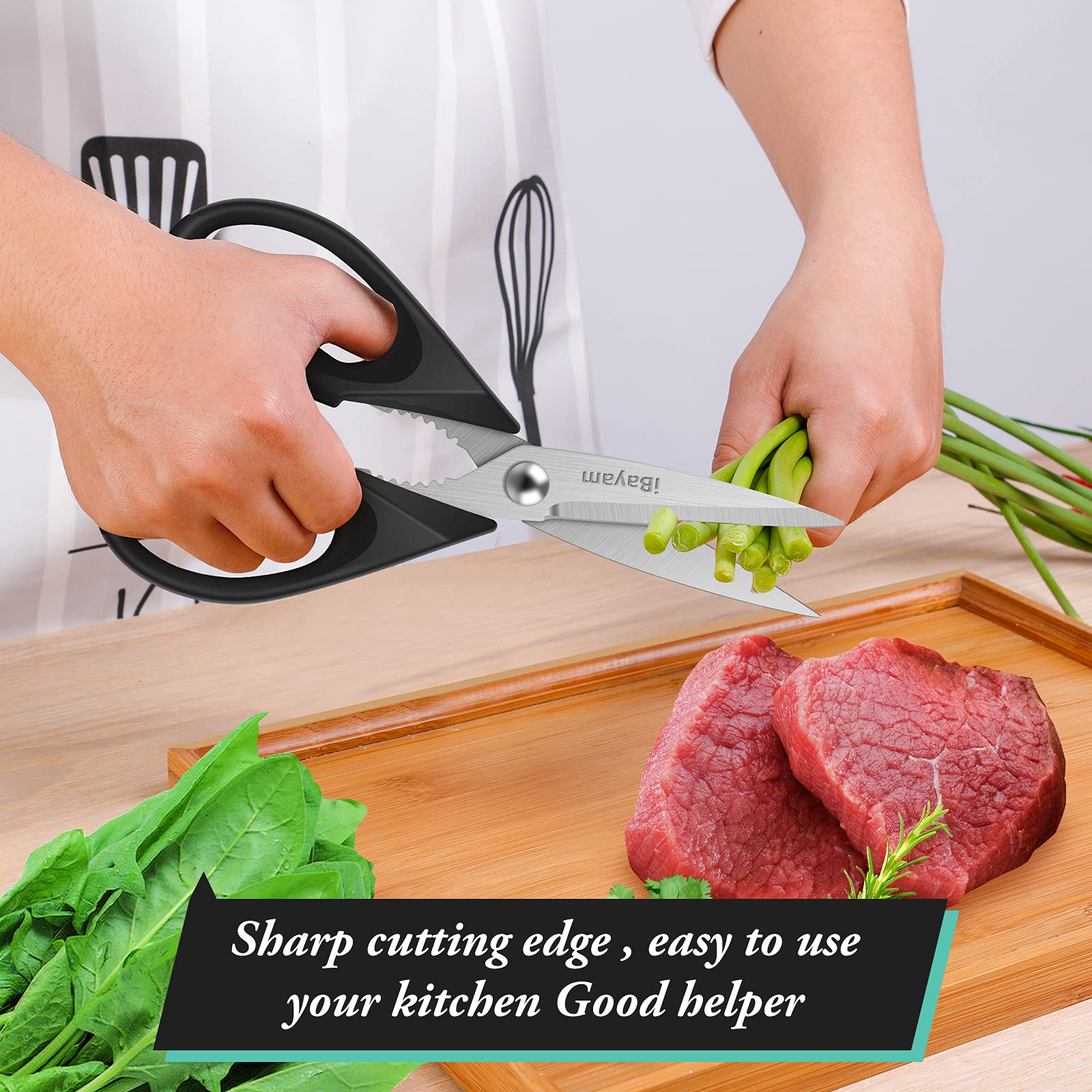 iBayam stainless steel blades slice vegetables, herbs, and seafood smoothly.