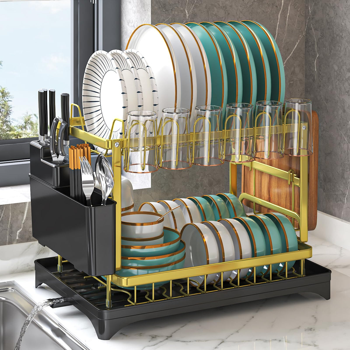 IBEDMAZIE gold two-tier dish drying rack with drainboard for organized counter space.