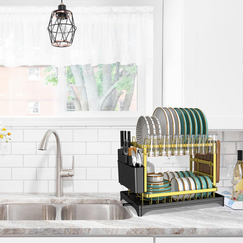 IBEDMAZIE large-capacity dish rack can hold plates, bowls, cups, and utensils.