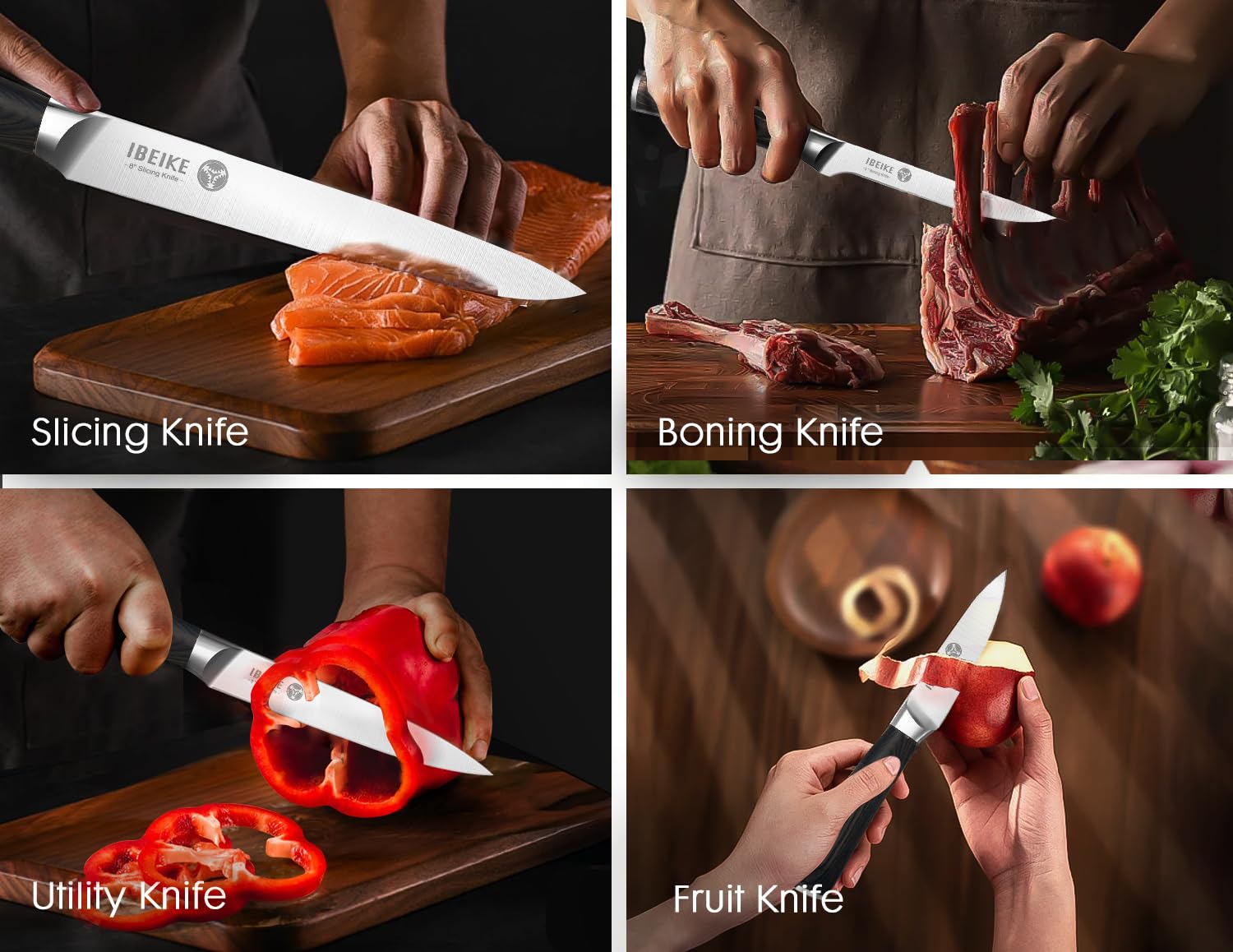 IBEIKE 5in boning knife full-tang profile in action for controlled precision.