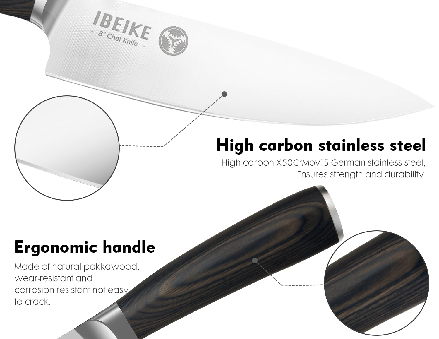 IBEIKE 7in santoku handle ergonomic view shows secure, comfortable grip.