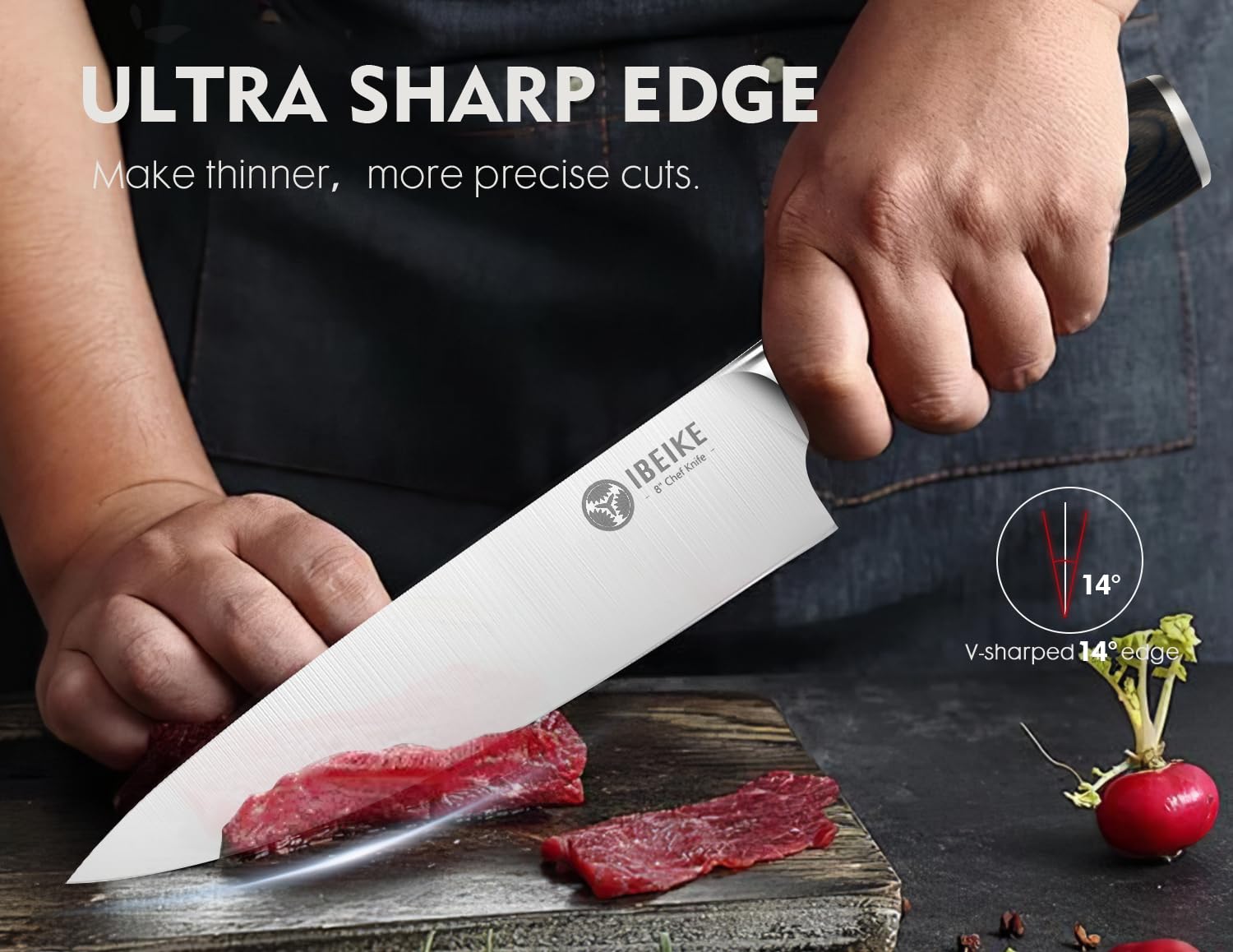 IBEIKE 8in slicing knife edge closeup demonstrates precise, thin cuts.