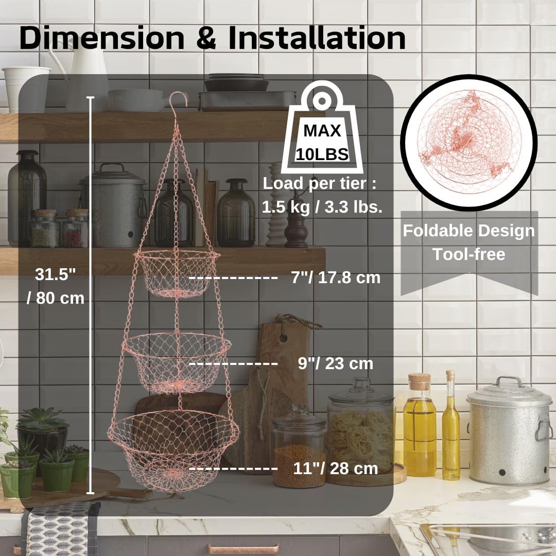 IBERG copper 3-tier hanging fruit basket, middle tier view highlighting organized storage options