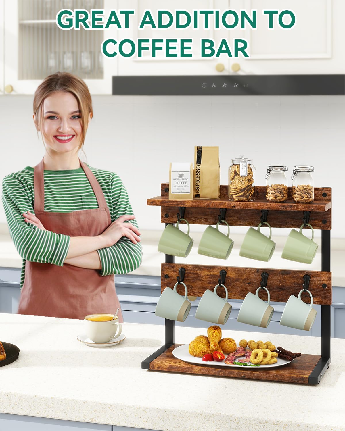 IBUYKE rustic mug holder stand 2-tier layout keeps mugs within reach