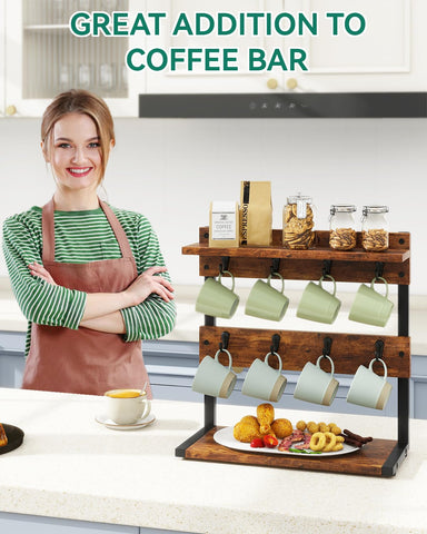 IBUYKE rustic mug holder stand 2-tier layout keeps mugs within reach