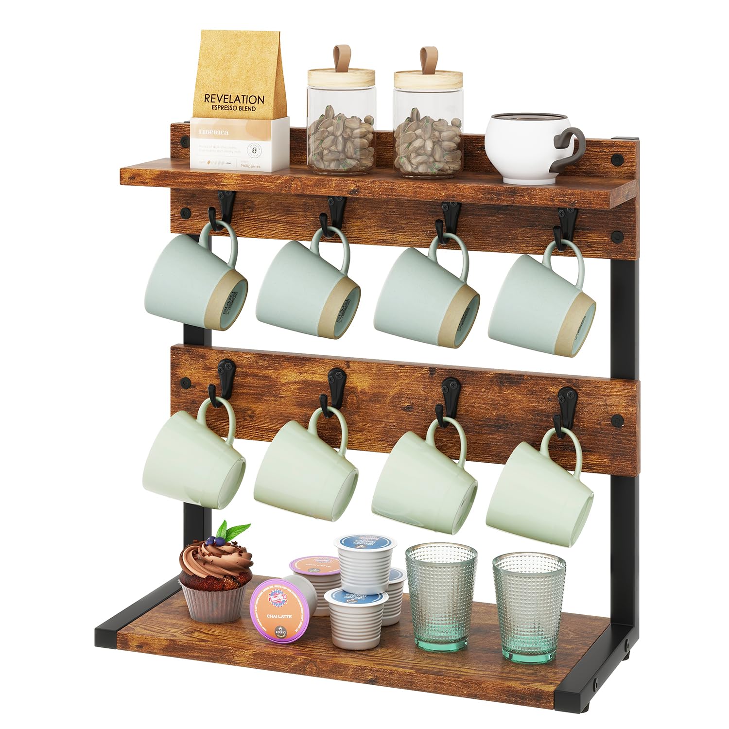 IBUYKE rustic mug holder stand front view shows organized mugs on the kitchen counter