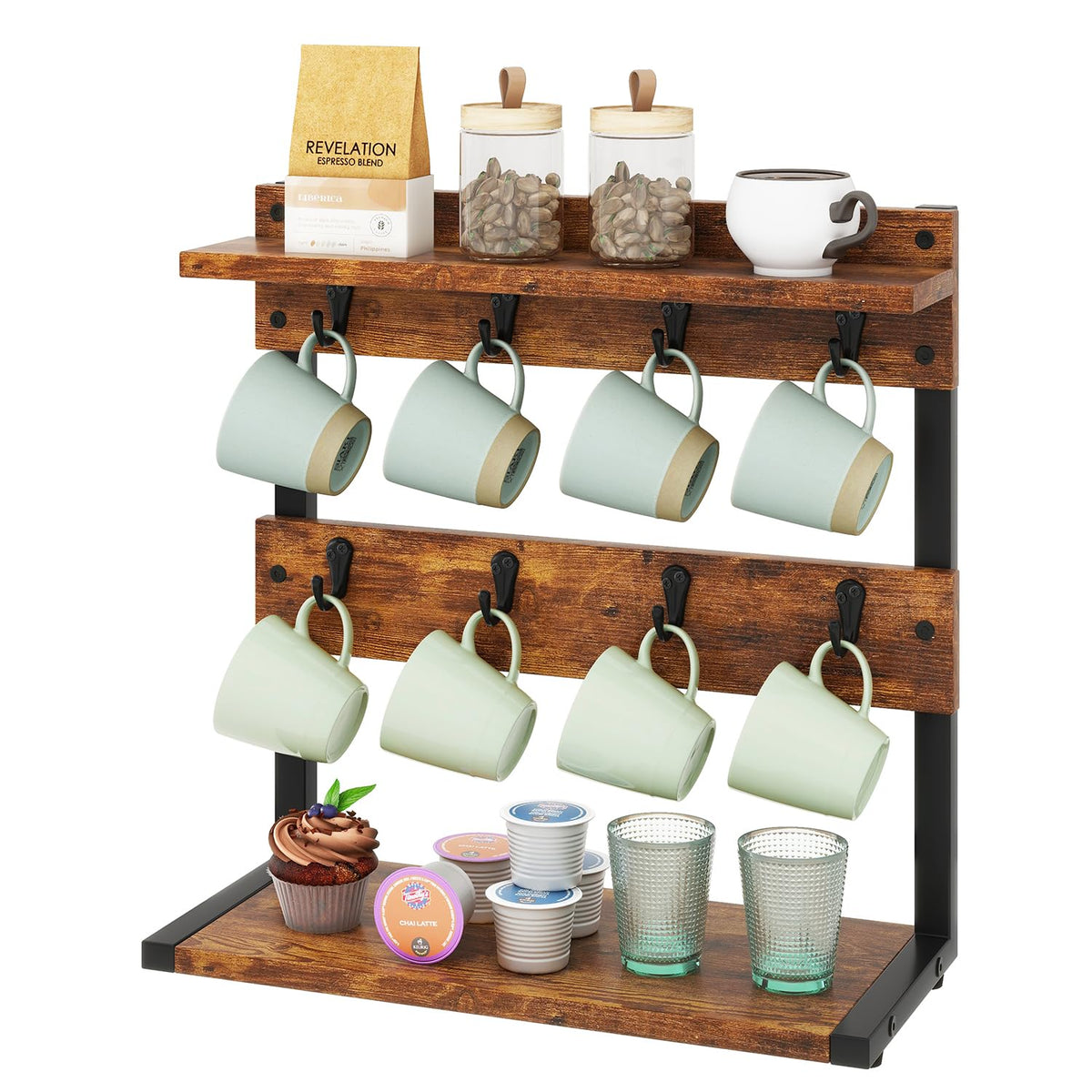 IBUYKE rustic mug holder stand front view shows organized mugs on the kitchen counter