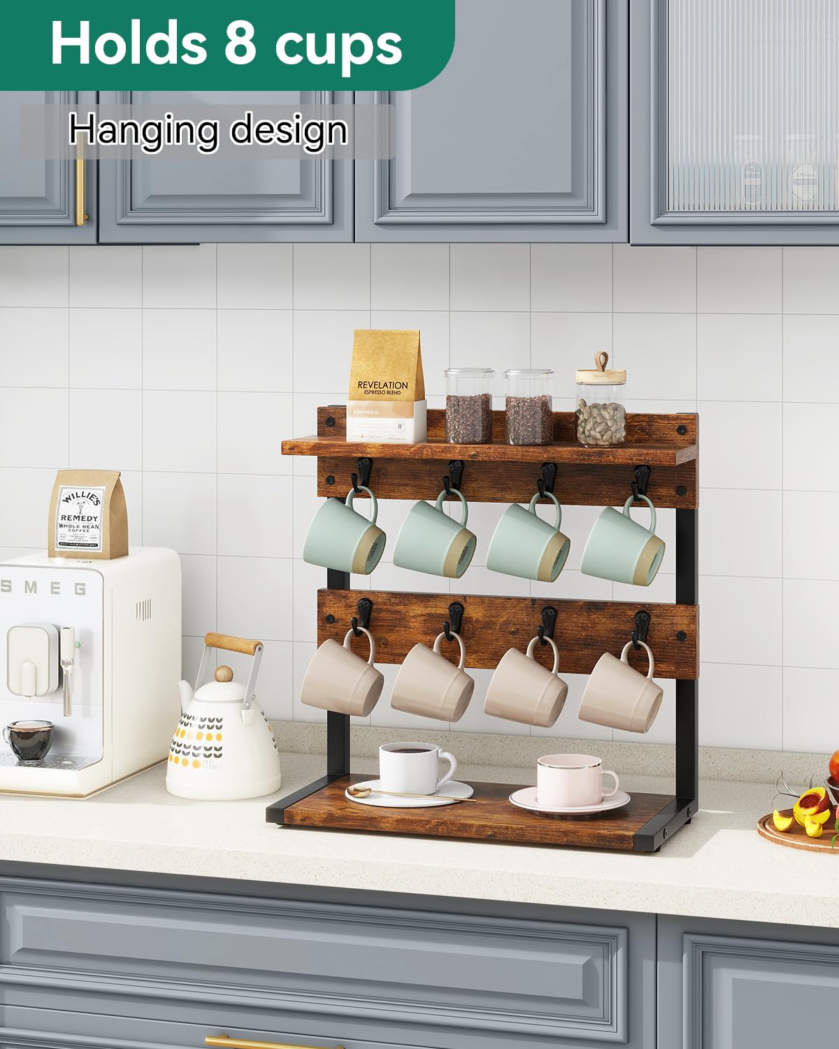 IBUYKE rustic mug holder stand side view highlights the 2-tier design
