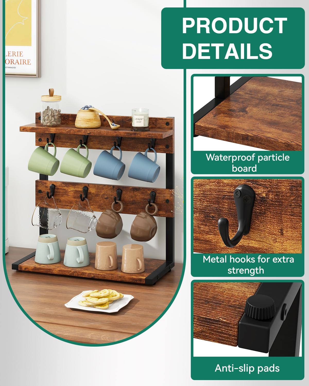 IBUYKE rustic mug holder stand sturdy construction endures daily use